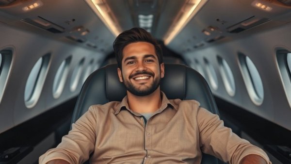 Casual man sitting and smiling inside aircraft, sleek interior design.