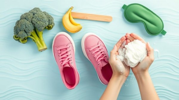 Items for a healthy immune system: broccoli, sneakers, sleep mask, soap.