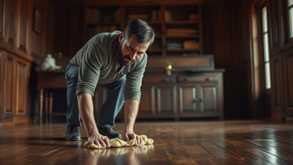 Focused man cleaning floor, exploring costs for house cleaning based on income.