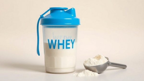 Whey protein powder in shaker bottle and scoop on pastel background.