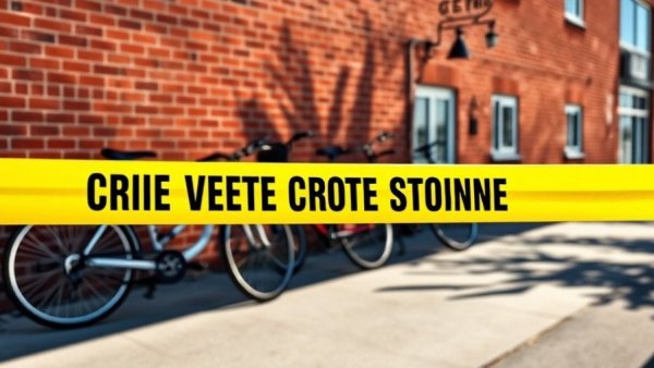 Crime scene tape outside red brick building on sunny day.