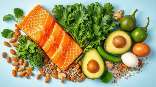 Healthy TLC diet foods for cholesterol management, including salmon, kale, and avocados.