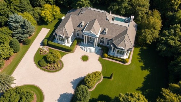 Aerial view of luxury home in Columbus, Ohio, surrounded by greenery.