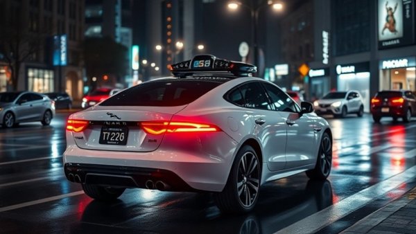 Waymo robotaxi on a wet street at night, city background.