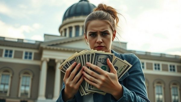 Worried woman with money at university, depicting 529 Plan money accessibility issues.
