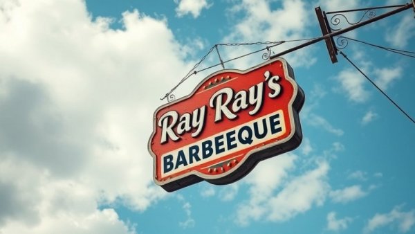 Ray Ray's BBQ sign against a cloudy sky, reflecting the brand before bankruptcy.