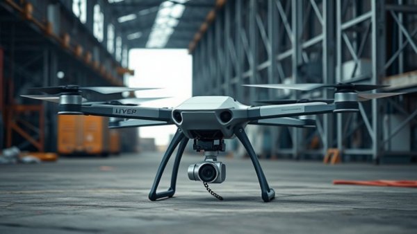 Advanced quadcopter drone stationary amid industrial setting, emphasizing foreign made drone ban.