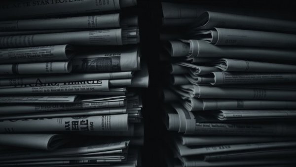 2025 Cybersecurity Stories in monochrome newspapers.