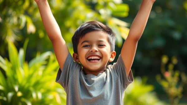 Joyful young boy fulfilling childhood dreams with triumphant smile.