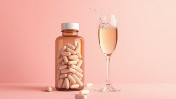 Preventing Hangovers with Vitamin B Complex: vitamin bottle and cocktail on pink background.