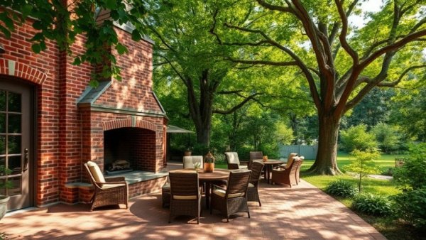 Charming patio with brickwork and trees, ideal for historic home garden in Canal Winchester.