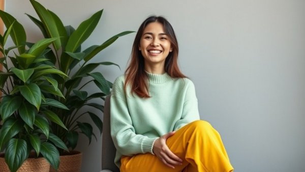 Young woman smiling joyfully indoors, behavior change strategies scene.