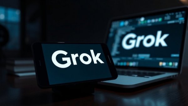 Logo for Grok app on phone beside laptop screen, dark theme