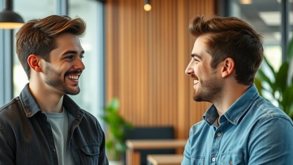 Casual conversation between two young men in a modern office setting, reflecting Flutterwave Mono acquisition.