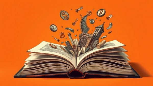 Illustration of economic symbols floating over open book for Economic Trends in 2026.