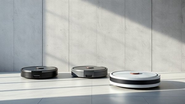 Sleek modern AI vacuum cleaners on minimalist floor