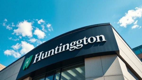 Close-up of Huntington Bank sign on building under blue sky.