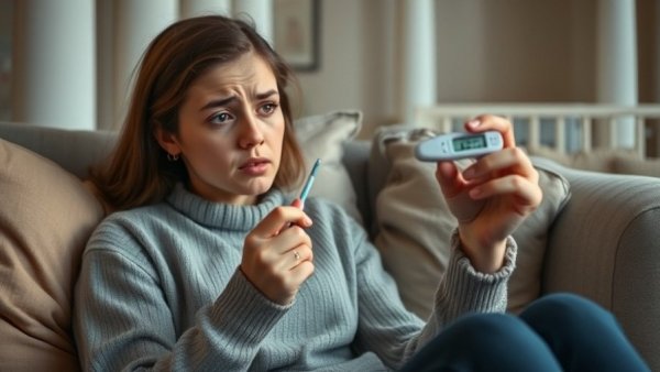 Young woman checking thermometer indoors, related to Ohio flu hospitalizations.