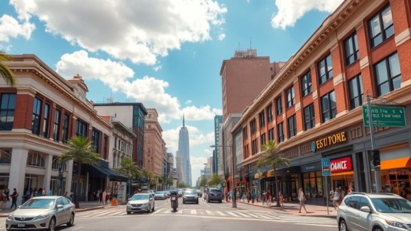 Urban intersection with commercial buildings near OSU on a sunny day.