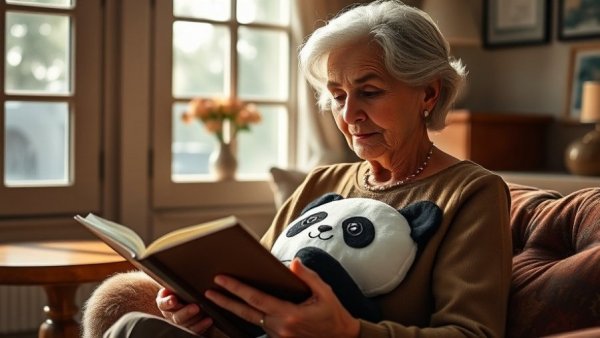 Elegant woman reading with panda cushion at CES 2026
