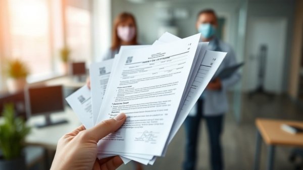 Close-up of employee benefits forms in an office setting.