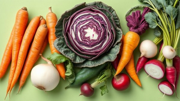 Vibrant winter vegetables like carrots, cabbage, beets, turnips on green.