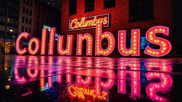 Neon 'Columbus' sign with reflections on wet pavement.