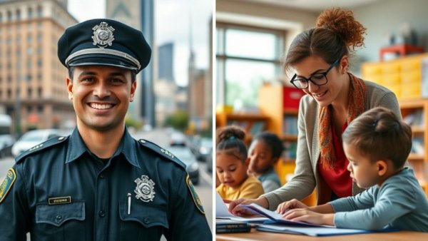 Smiling officer and teacher with students creating success path