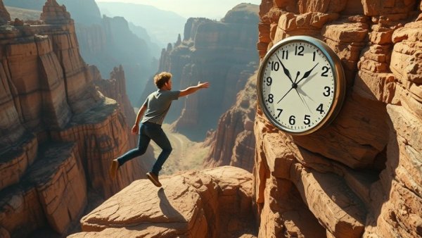 Man reaching for flying clock on cliff, symbolizing time's value.