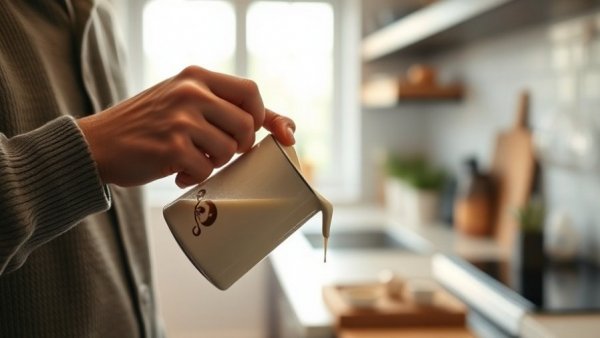 Coffee creamer being poured into a glass mug of coffee in a kitchen.