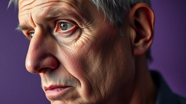 Middle-aged man pensive expression close-up against a smooth purple backdrop.