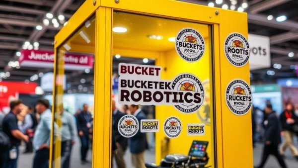 Vibrant yellow Bucket Robotics display case and stickers at CES expo.