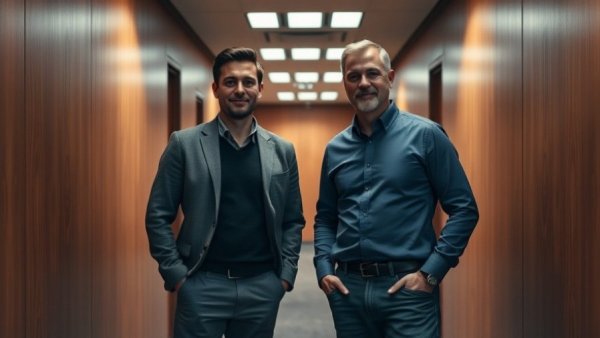 Two men standing in a warmly lit office hallway with wooden walls.