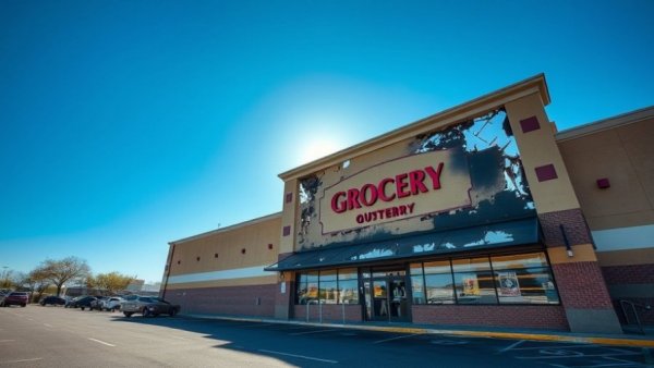 Mid-Ohio Market building with visible fire damage under blue sky.