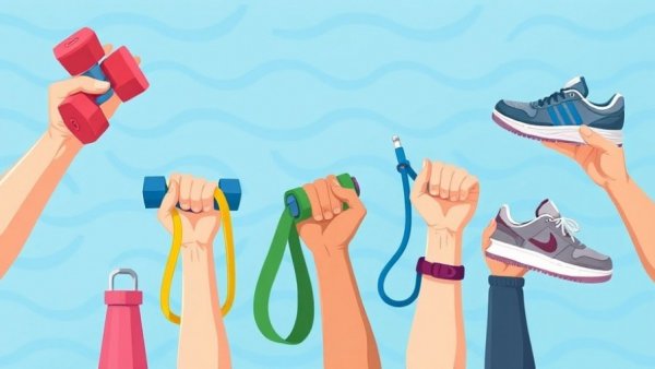 Illustration of diverse hands with exercise gear promoting exercise variety and longevity.