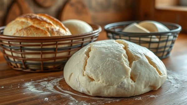 Artisan bread dough and proofing baskets on a wooden counter.
