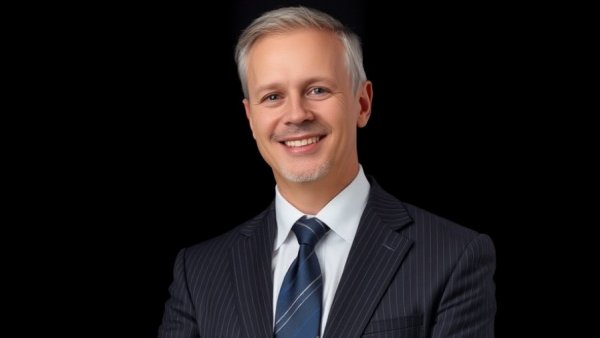 Confident business professional in a dark suit, Huntington Bank expansion Columbus.