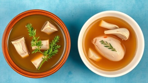 Bone broth vs. chicken broth nutrition comparison in bowls.