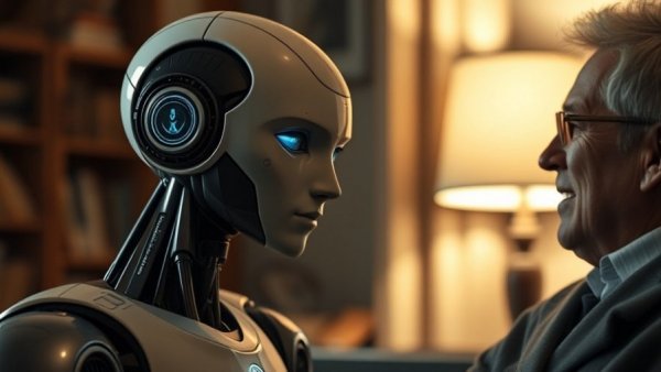 AI as a Therapist for Everyday Problems: Robot and man in cozy therapy session