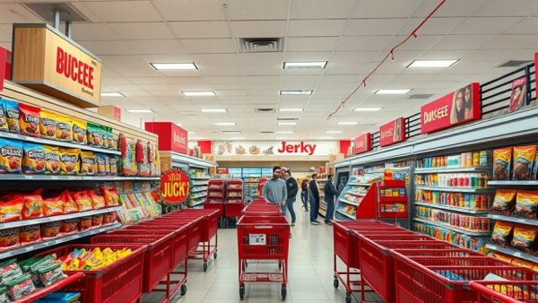 Interior of Ohio Buc-ee's at grand opening with snack display and carts.