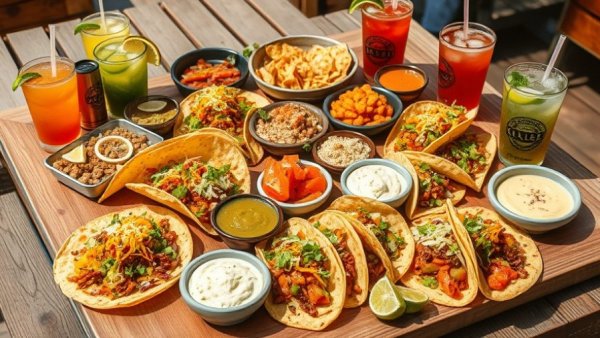 Assorted tacos and dips on wooden table at Torchy's Tacos.