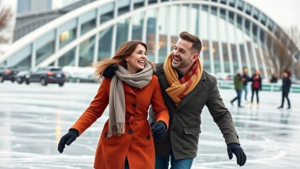 Joyful couple ice skating in Columbus with bridge backdrop.