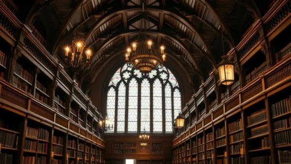 Interior of Wagnalls Memorial Library with wooden beams and chandelier.