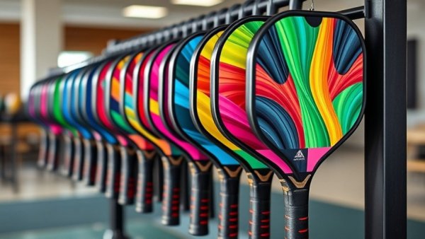 Colorful pickleball paddles displayed, related to public pickleball courts downtown Columbus.