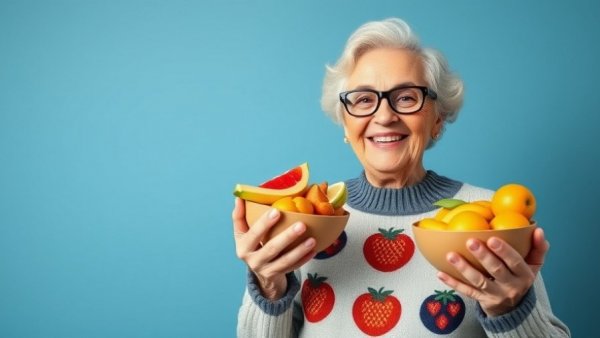 Elderly woman eating fruit with glucose monitor icon, healthy foods spike blood sugar.