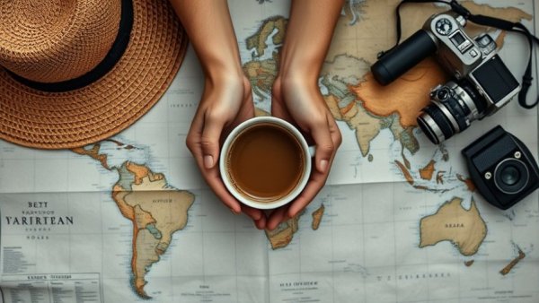 Explorative travel theme with map, camera, and coffee for best airport jobs insight.