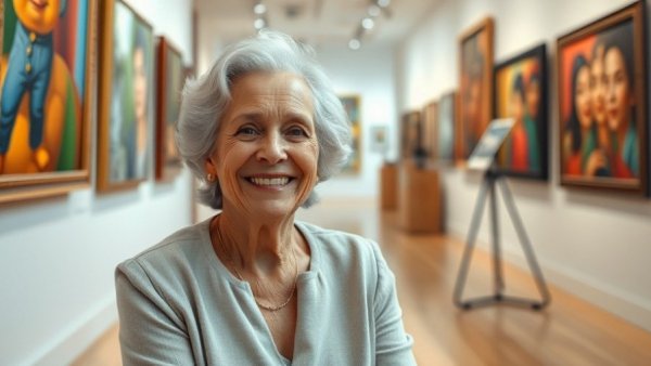 Distinguished older woman in Columbus art gallery smiling with vibrant paintings.
