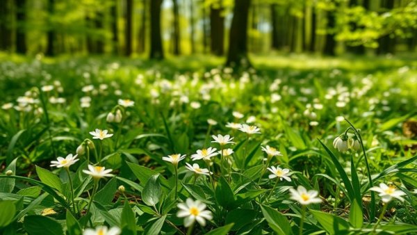 Ohio Wildflower Trails in a lush green forest with blooming wildflowers.