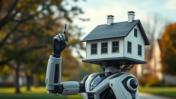 Investing in real estate during AI boom visualized with a robot lifting a house.