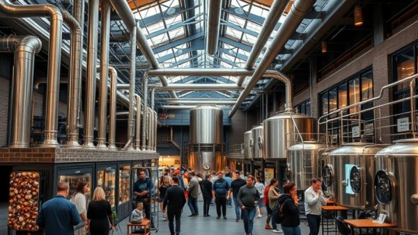 Industrial brewery interior bustling with visitors, BrewDog Ownership Change